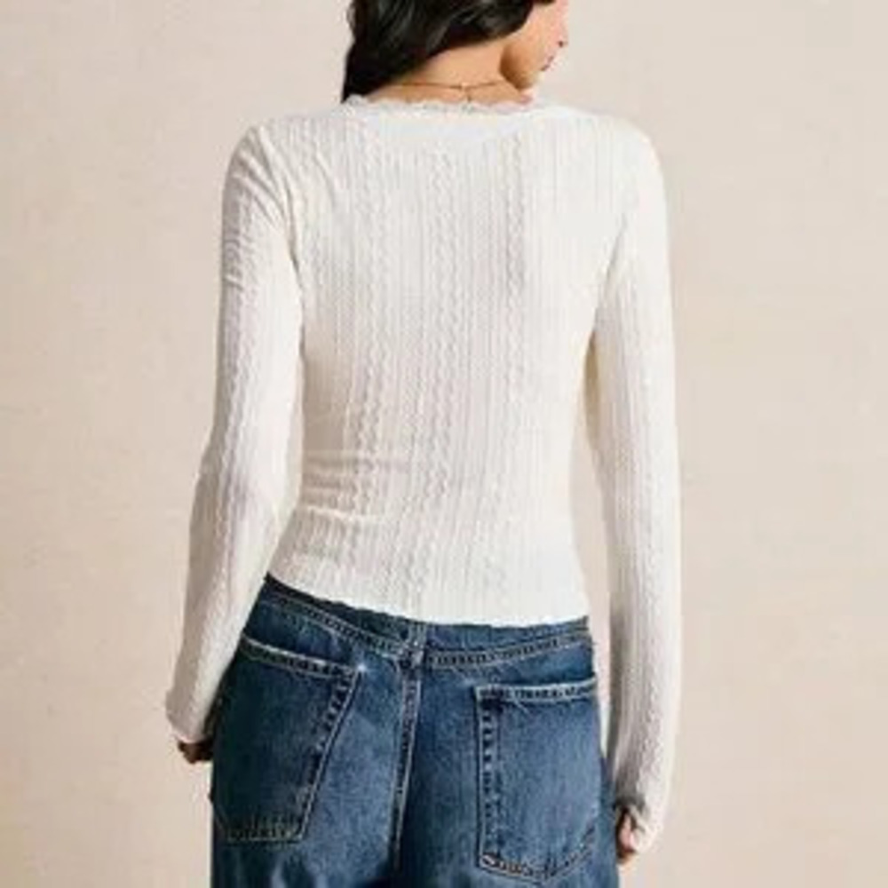 ZARA Apricot Elegant Women's Lace Trim Textured Fitted T-Shirt